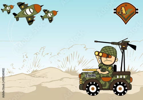 Obraz żołnierz w samochodzie patrzy przez lornetkę na samoloty