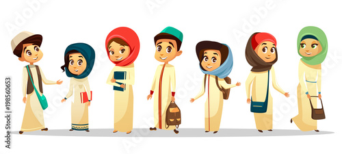 Vector cartoon arab young teen men, women student standing with shoulder bag holding books smiling. Muslim arabian characters hijab smiling. Isolated illustration, culture religion education concept