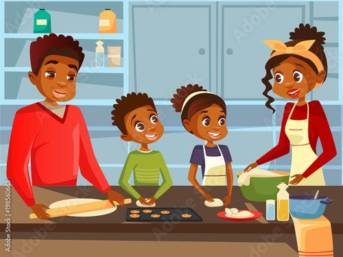 Afro American black family together preparing food meal at kitchen vector flat cartoon illustration. African family of happy father and mother with daughter and son children cooking together