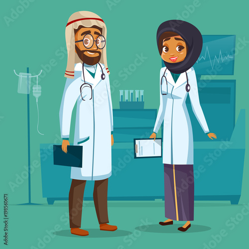 Vector cartoon muslim arab khaliji male female doctor nurse. Surgeon man physician specialist woman uniform hijab stethoscope. Illustration healthcare professional people clinic hospital background