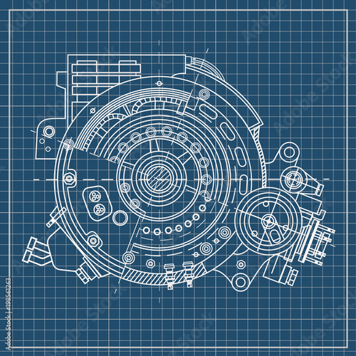 Drawing the electric motor section representing the internal structure and mechanisms. It can be used to illustrate the ideas related to science, engineering design and high-tech.