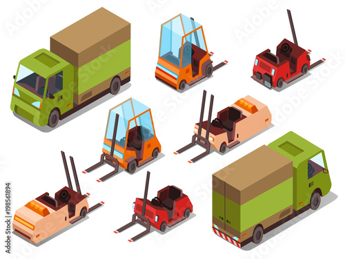 Isometric loader trucks vector illustration isolated icons of warehouse forklift trucks and logistics trailers. Isometric transport collection of industrial cars for cargo loading and transportation