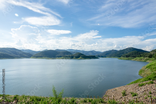 Lake with blue sky clouds background