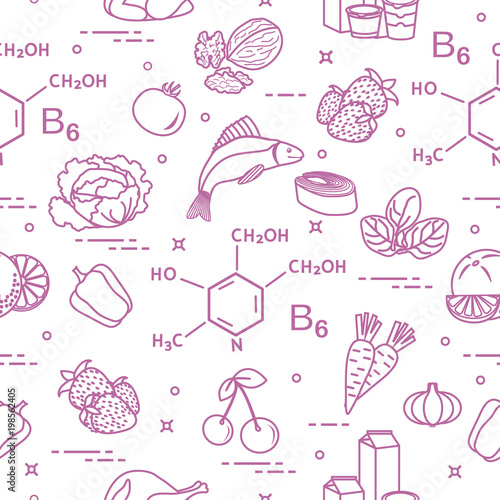 Seamless pattern with foods rich in vitamin B6.
