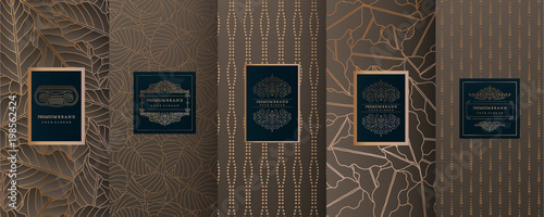 Collection of design elements,labels,icon,frames, for packaging,design of luxury products.for perfume,soap,wine, lotion.Made with golden foil.Isolated on geometric background.vector illustration