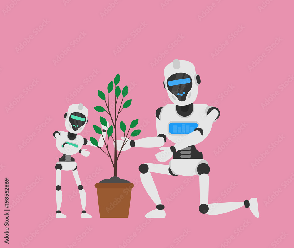big and small robots planting a tree in pot
