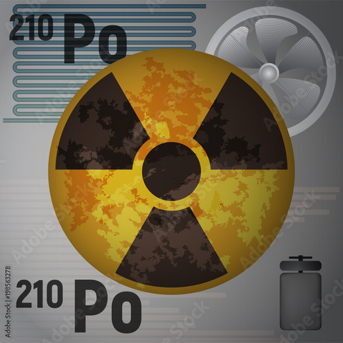 The radioactive isotope polonium 210. Po metal vector illustration. Danger sign.
