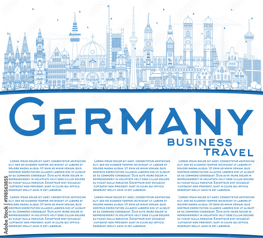 Outline Germany City Skyline with Blue Buildings and Copy Space.