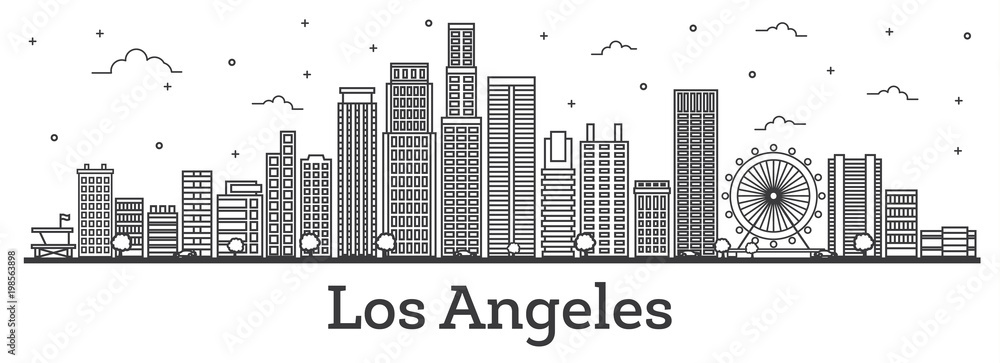 Fototapeta premium Zarys panoramę miasta Los Angeles w Kalifornii z nowoczesnych budynków na białym tle.