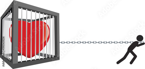omino nero trascina la sua gabbia con il cuore