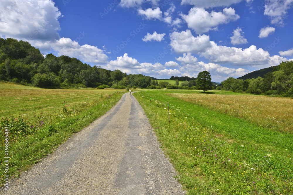 Rural country road in a grassy meadow on a blue sky with  clouds background