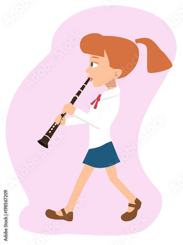 girl walking and playing clarinet cartoon