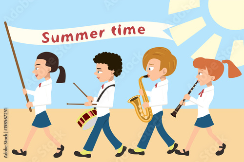 kids procession with flag and music  cartoon