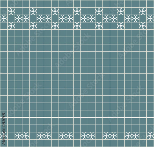 Tile decoration. Steal teal square tiles with decor. Interior design for kitchen, bathroom, toilet. Background pattern. Decor element.
