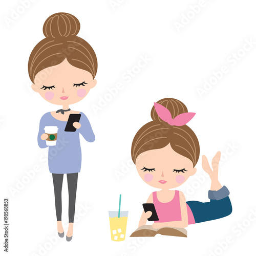 Pretty woman or teenage girl texting on mobile phone vector illustration.