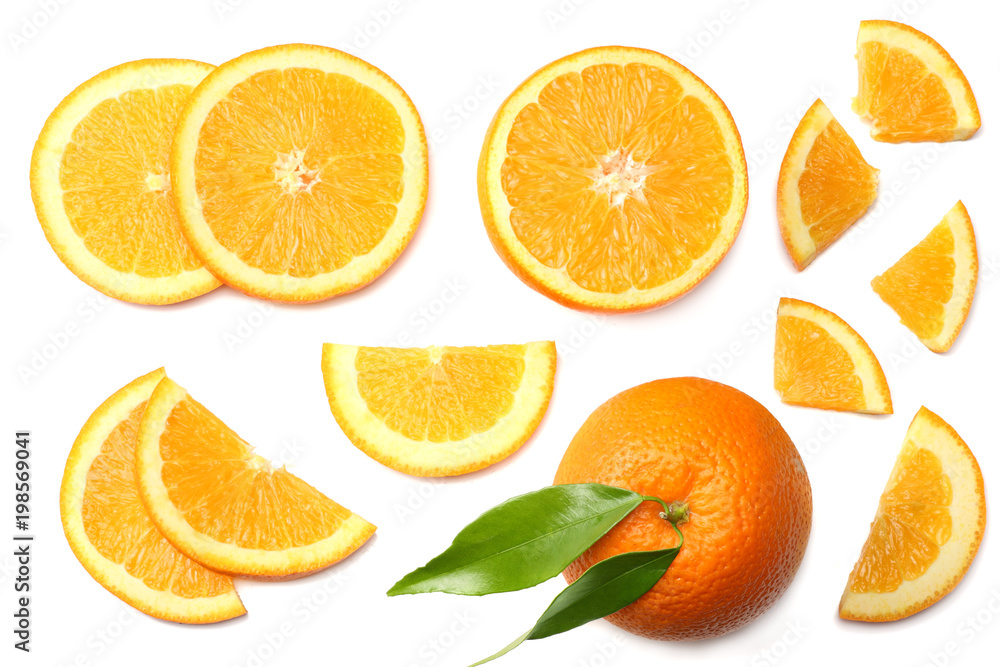 healthy food. sliced orange with green leaf isolated on white background top view healthy food. sliced orange with green leaf isolated on white background top view