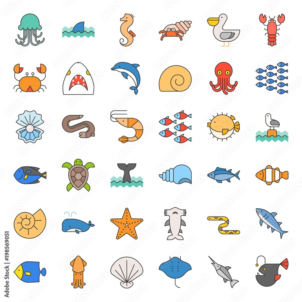 Aquatic Ocean life such as octopus, shell, pelican,herd of fish, filled outline icon set