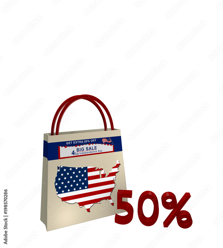 Einkaufstasche mit Sale Werbung für den Unabhängigkeitstag einen Kartenausschnitt der USA und Text 50%, 3d render