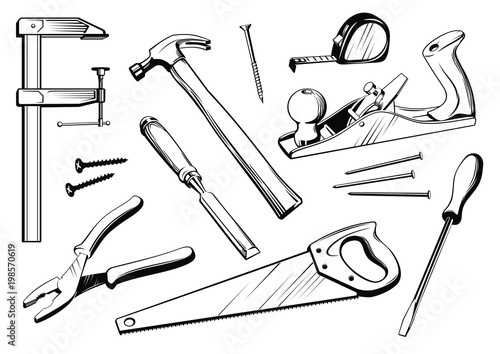 Vector set of joiner's tools. Black and white elements for woodworking carpentry illustration.