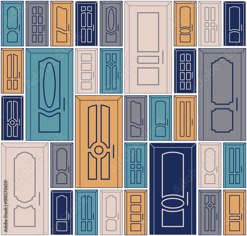 Vector doors design set. Seamless pattern, multicolour texture with outline doors image. Classic interior milling doors.