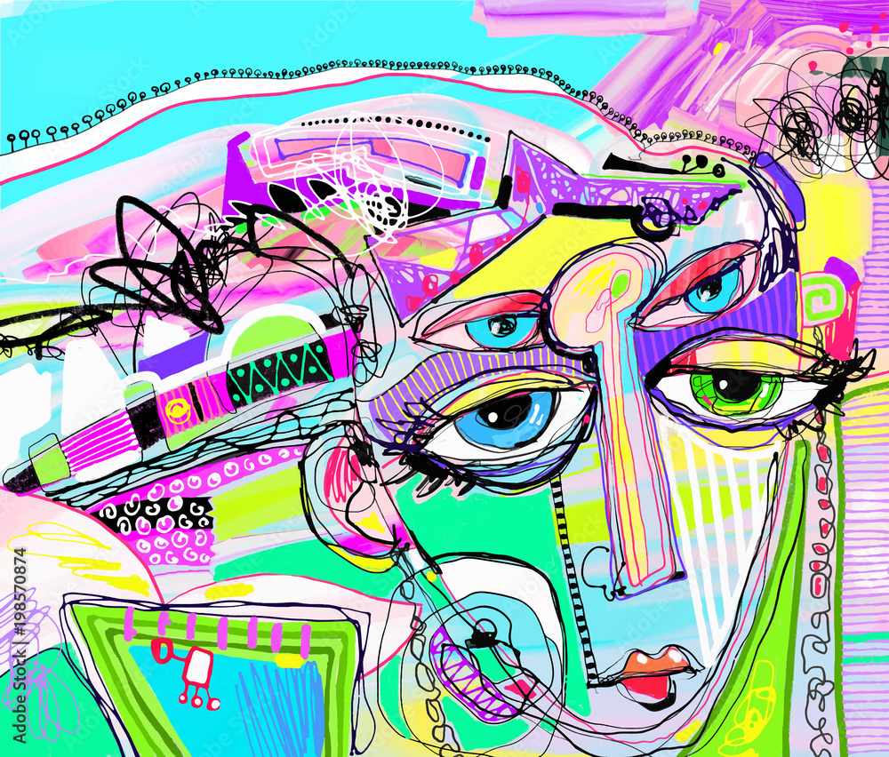 original abstract digital painting of human face, colorful compo