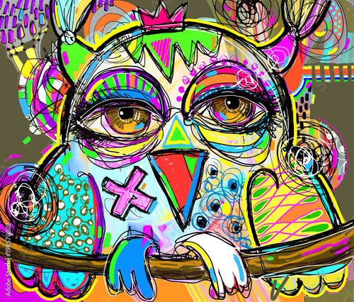 original abstract digital painting artwork of doodle owl