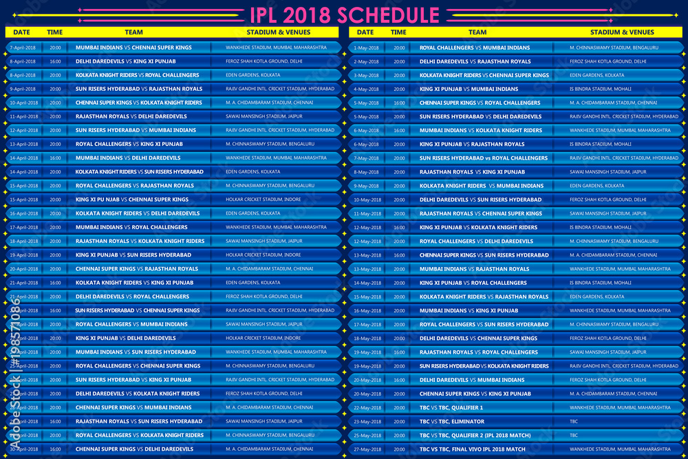 IPL Cricket match schedule for 2018 sports background Stock Vector | Adobe  Stock
