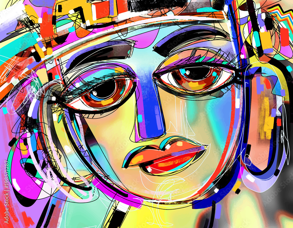 original abstract digital painting of human face, colorful compo - obrazy, fototapety, plakaty 