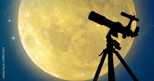 Silhouette of a telescope with full Moon and stars. My astronomy work.