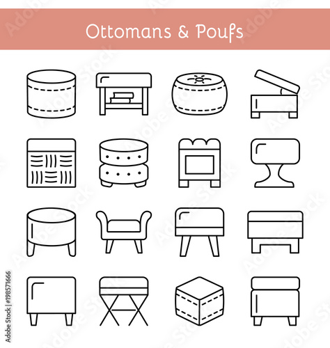 Ottomans & Poufs. Accent stools. Vector icon set.