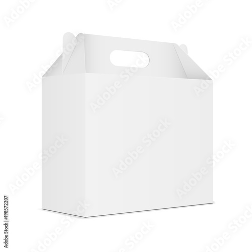 Paper carton box with handle - half side view. Vector illustration