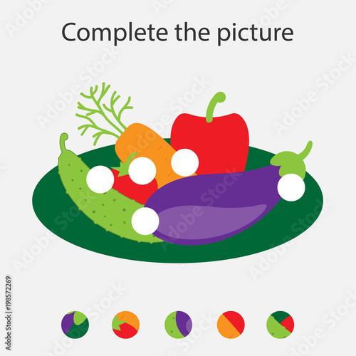 Complete the puzzle and find the missing parts of the picture, vegetables,  fun education game for children, preschool worksheet activity for kids, task for the development of logical thinking, vector