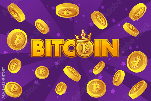 LOGO BITCOIN and gold coins on violet background, cryptocurrency explosion