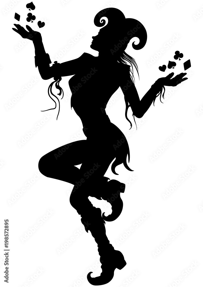 Joker Girl silhouette/ Illustration dancing joker woman. She is juggling with card suits Joker Girl silhouette/ Illustration dancing joker woman. She is juggling with card suits