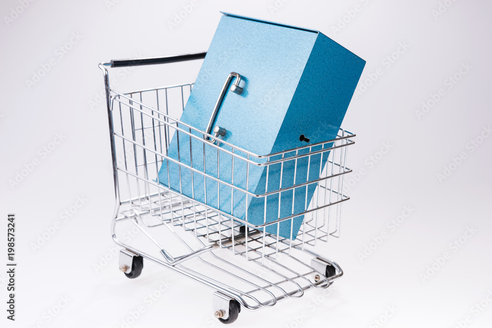 Shopping cart with blue bank safe box