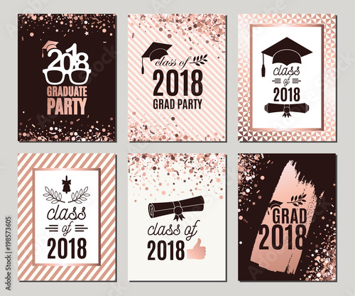 Graduation Class of 2018 rose gold greeting cards set. Vector party invitations. Grad posters. All isolated and layered
