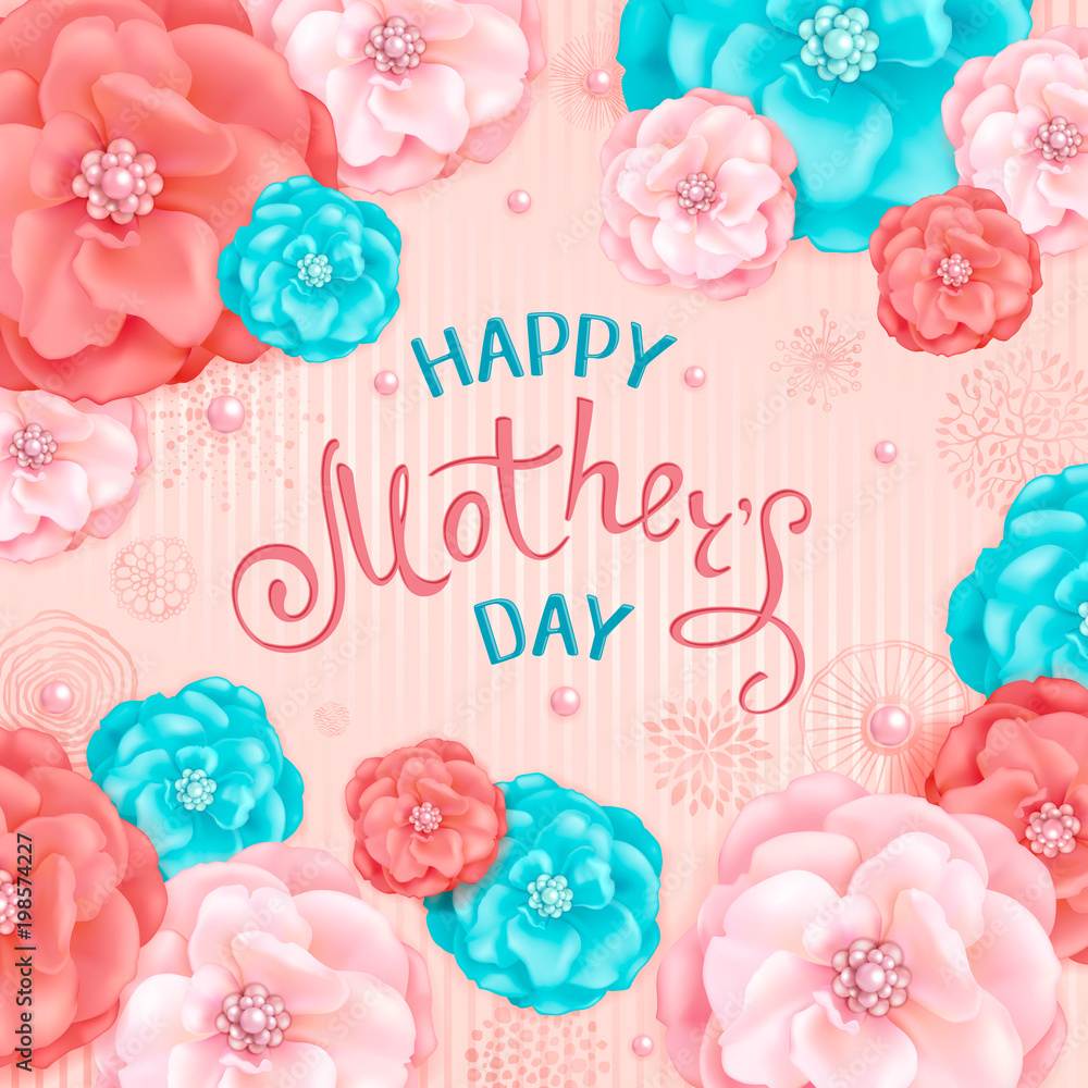 Happy Mothers Day background with pink and turquoise decorative flowers, abstract hand drawn elements. Design for greeting cards, calendars, banners, posters, invitations Happy Mothers Day background with pink and turquoise decorative flowers, abstract hand drawn elements. Design for greeting cards, calendars, banners, posters, invitations