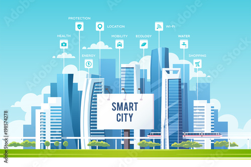 Urban landscape with buildings, skyscrapers and subway. Concept of smart city with different icons. Vector illustration.