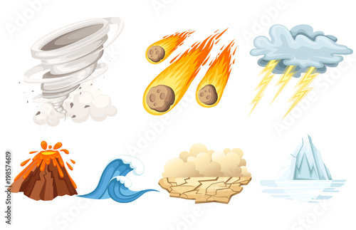 Natural cataclysm icons set. Tsunami wave, tornado swirl, flame meteorite, volcano eruption, sandstorm, deglaciation, storm. Cartoon style color icon. Vector illustration isolated on white background