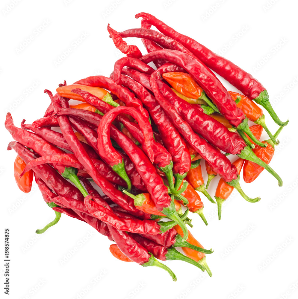 Top view of red hot chili peppers isolated on a white Top view of red hot chili peppers isolated on a white