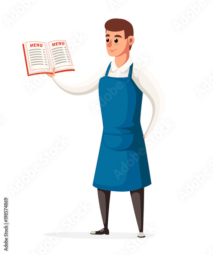 Waiter keeps the restaurant menu. Waiter with blue apron. Cartoon style character design. Vector illustration isolated on white background website page and mobile app design