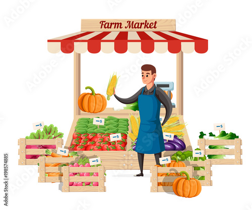Farmer vegetable seller at the counter organic food farm. Street seller with stall with vegetable. Vector illustration isolated on white background. Website page and mobile app design