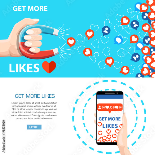 Get more likes. Hand hold horseshoe magnet pulling or get many likes and smartphone. SEO concept. Vector illustration on white and blue background. Web site page and mobile app design
