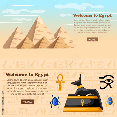 Travel concept. Welcome to Egypt poster. Ancient Egyptian symbols and decoration. Giza pyramid complex. Egypt flat icons vector illustration. Web site page and mobile app design