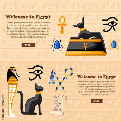 Travel concept. Welcome to Egypt poster. Ancient Egyptian symbols and decoration Egypt flat icons vector illustration on hieroglyphs texture background. Web site page and mobile app design
