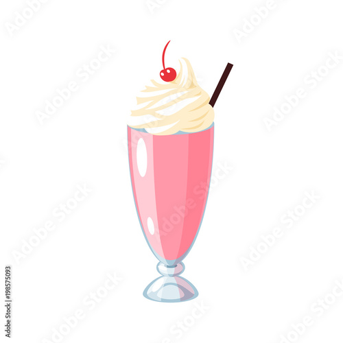 Cup of milkshake with cream and cherry on top. Vector illustration cartoon flat icon isolated on white.