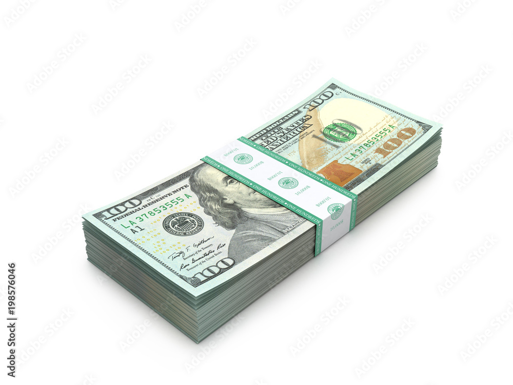 A stack of hundred dollar bills on a white background. 3D illustration A stack of hundred dollar bills on a white background. 3D illustration