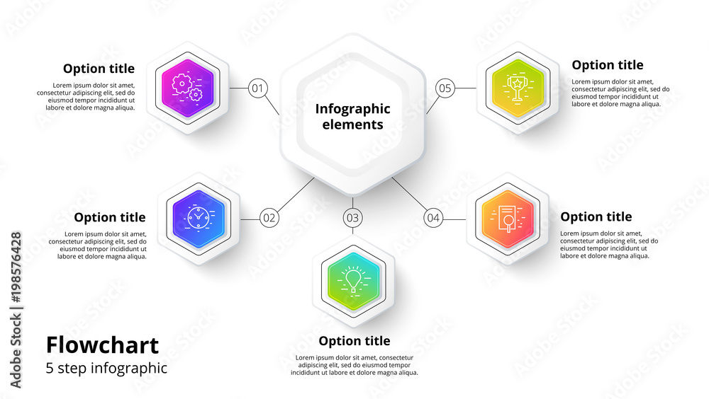 Business process chart infographics with 5 step segments. Circular corporate timeline infograph elements. Company presentation slide template. Modern vector info graphic layout design.