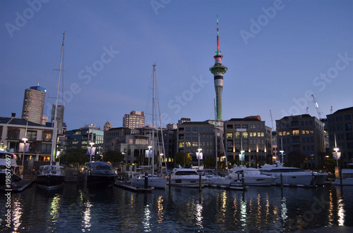 Auckland Viadact harbour and skytower during evening