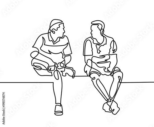 continuous one line drawing of two men sit and talk